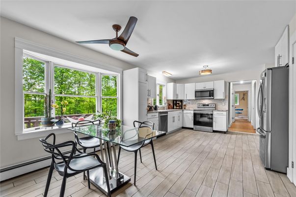 Dining room, Interior, Kitchen, Stainless Steel Appliances, Wood Texture Flooring