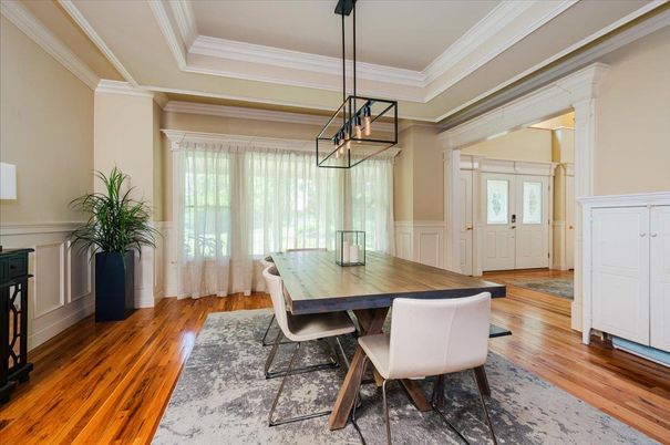 Dining room, Interior, Pendant Lights, Wood Texture Flooring
