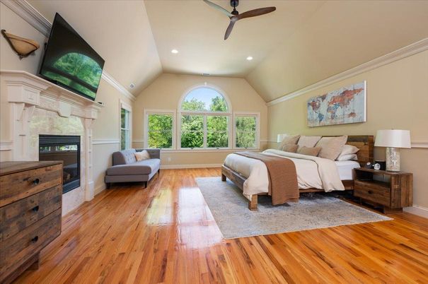 Bedroom, Fireplace, Interior, Recessed Lighting, Wood Texture Flooring