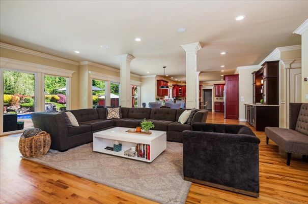 Interior, Kitchen, Living room, Pendant Lights, Recessed Lighting, Wood Texture Flooring