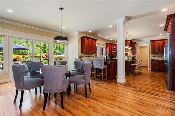 Dining room, Interior, Kitchen, Pendant Lights, Recessed Lighting, Wood Texture Flooring