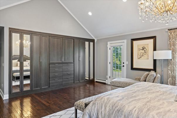 Bedroom, Chandelier, Interior, Recessed Lighting, Wood Texture Flooring