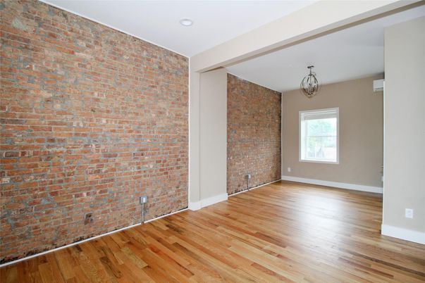 Chandelier, Empty room, Interior, Stone Walls, Wood Texture Flooring