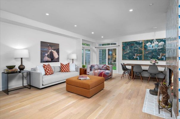 Dining room, Interior, Living room, Recessed Lighting, Wood Texture Flooring