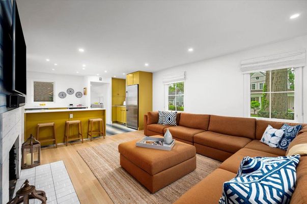 Fireplace, Interior, Kitchen, Living room, Recessed Lighting, Wood Texture Flooring