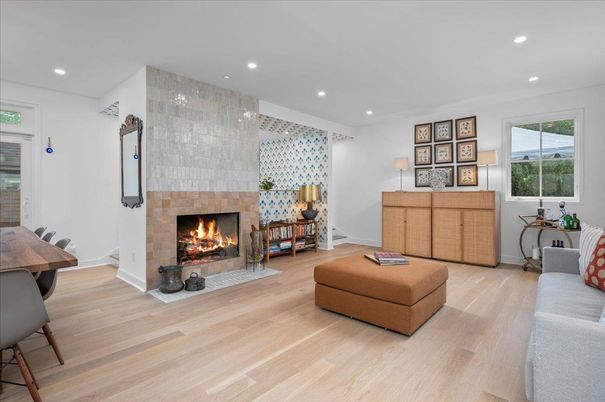 Fireplace, Interior, Living room, Recessed Lighting, Wood Texture Flooring