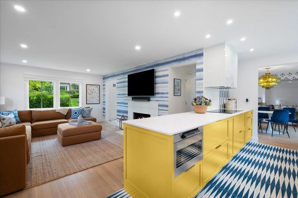 Dining room, Fireplace, Interior, Kitchen, Living room, Recessed Lighting, Wood Texture Flooring