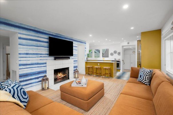 Fireplace, Interior, Kitchen, Living room, Recessed Lighting, Wood Texture Flooring