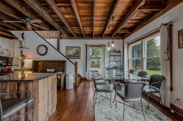 Dining room, Interior, Pendant Lights, Wooden Beams, Wooden Ceilings, Wood Texture Flooring