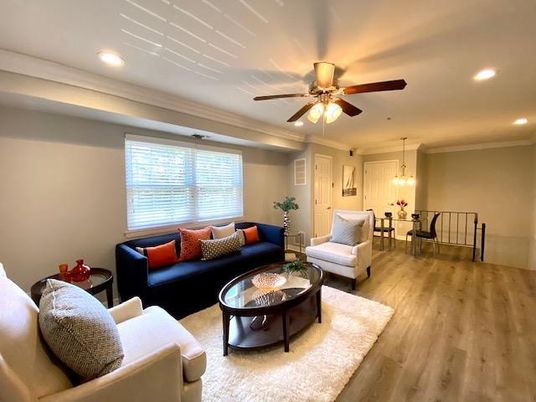 Dining room, Interior, Living room, Pendant Lights, Recessed Lighting, Wood Texture Flooring
