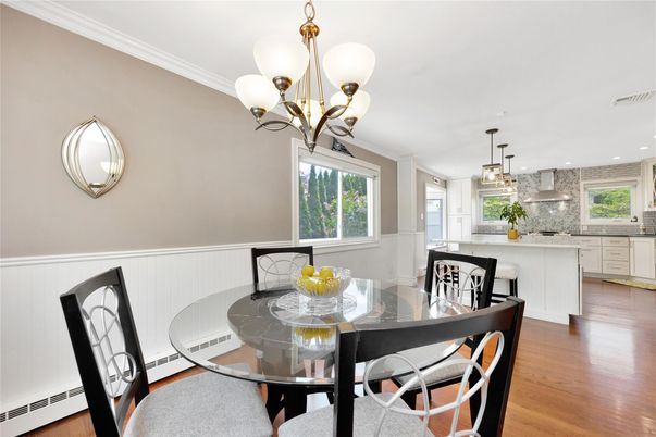 Chandelier, Dining room, Interior, Kitchen, Pendant Lights, Recessed Lighting, Wood Texture Flooring