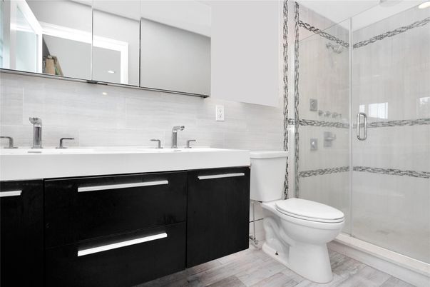 Bathroom, Glass Shower, Interior, Wood Texture Flooring