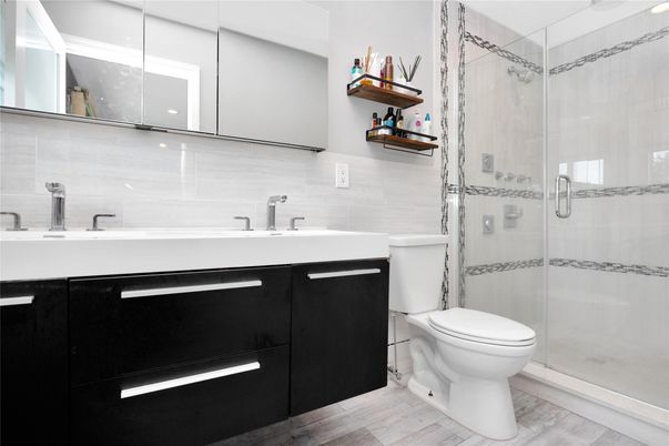 Bathroom, Glass Shower, Interior, Wood Texture Flooring