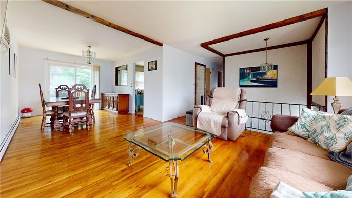 Dining room, Interior, Living room, Pendant Lights, Wooden Beams, Wood Texture Flooring