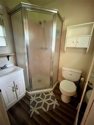Bathroom, Glass Shower, Interior, Wood Texture Flooring