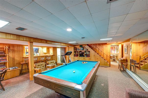 Billiard Table, Fitness Equipment, Game Room, Interior, Recessed Lighting, Wooden Walls