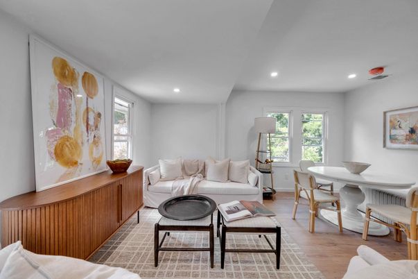 Dining room, Interior, Living room, Recessed Lighting, Wood Texture Flooring