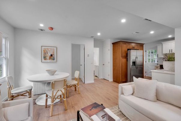 Dining room, Interior, Kitchen, Living room, Recessed Lighting, Stainless Steel Appliances, Wood Texture Flooring