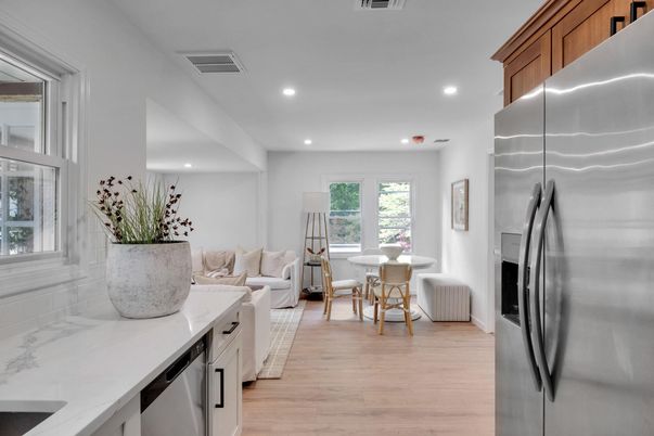 Dining room, Interior, Kitchen, Living room, Recessed Lighting, Stainless Steel Appliances, Wood Texture Flooring
