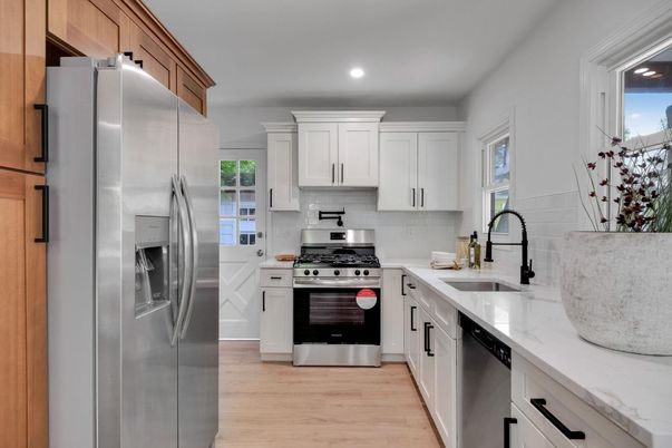 Interior, Kitchen, Recessed Lighting, Stainless Steel Appliances, Wood Texture Flooring