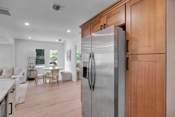 Dining room, Interior, Kitchen, Living room, Recessed Lighting, Stainless Steel Appliances, Wood Texture Flooring
