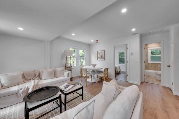 Dining room, Interior, Living room, Recessed Lighting, Wood Texture Flooring