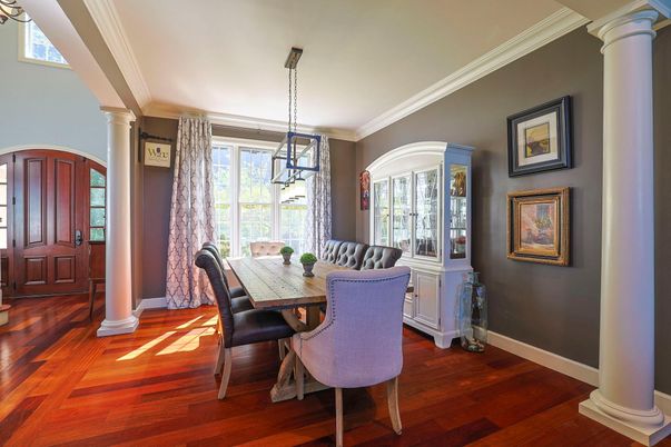 Dining room, Interior, Pendant Lights, Wood Texture Flooring