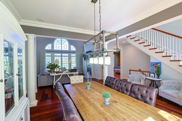 Dining room, Interior, Pendant Lights, Wood Texture Flooring