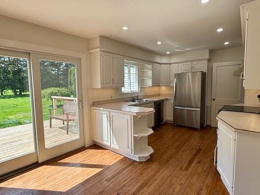 Interior, Kitchen, Recessed Lighting, Stainless Steel Appliances, Wood Texture Flooring