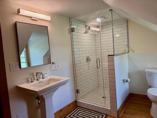 Bathroom, Glass Shower, Interior, Stone Walls, Wood Texture Flooring