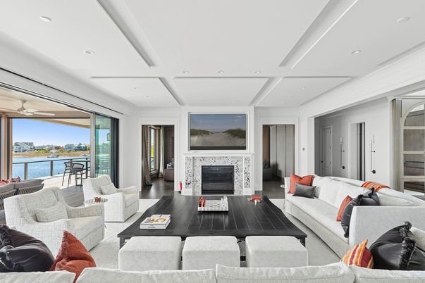 Fireplace, Interior, Living room, Recessed Lighting, Water, Wood Texture Flooring