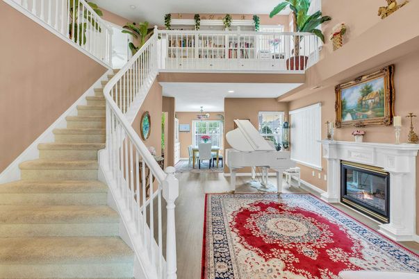 Dining room, Fireplace, Interior, Piano, Recessed Lighting