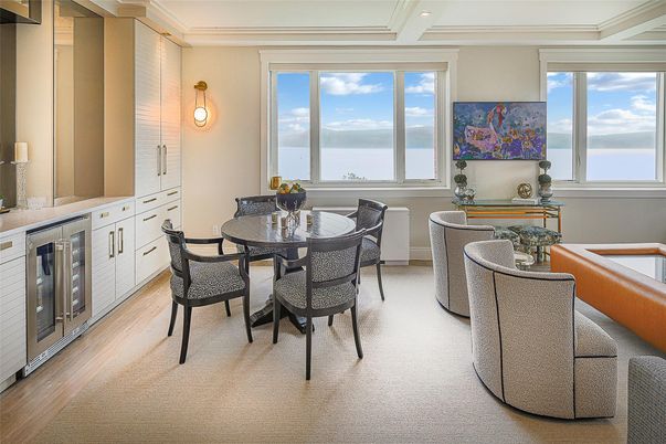 Dining room, Interior, Recessed Lighting, Wood Texture Flooring