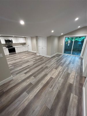 Empty room, Interior, Kitchen, Recessed Lighting, Wood Texture Flooring