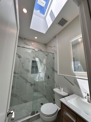 Bathroom, Glass Shower, Interior, Marble Walls, Recessed Lighting