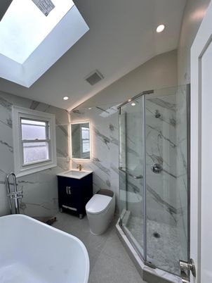 Bathroom, Free Standing Baths, Glass Shower, Interior, Marble Walls, Recessed Lighting