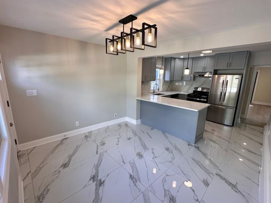 Interior, Kitchen, Marble, Pendant Lights, Stainless Steel Appliances