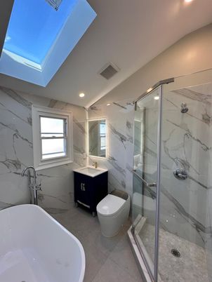 Bathroom, Glass Shower, Interior, Marble Walls, Recessed Lighting