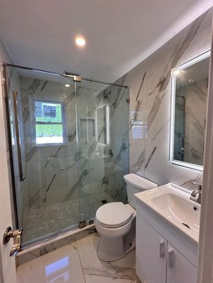 Bathroom, Glass Shower, Interior, Marble, Marble Walls, Recessed Lighting