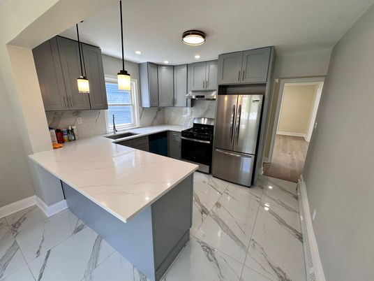 Interior, Kitchen, Marble, Pendant Lights, Recessed Lighting, Stainless Steel Appliances