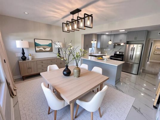 Dining room, Interior, Kitchen, Marble, Pendant Lights, Recessed Lighting, Stainless Steel Appliances
