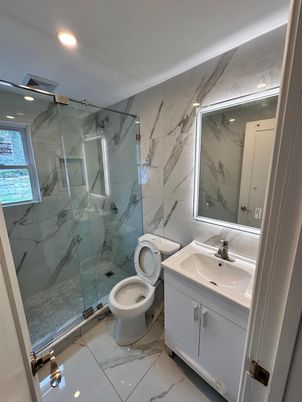 Bathroom, Glass Shower, Interior, Marble, Marble Walls, Recessed Lighting