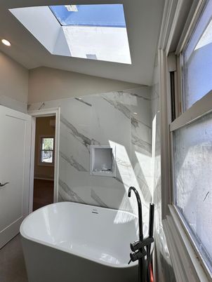 Bathroom, Free Standing Baths, Interior, Marble Walls, Recessed Lighting