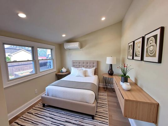 Bedroom, Interior, Recessed Lighting, Wood Texture Flooring