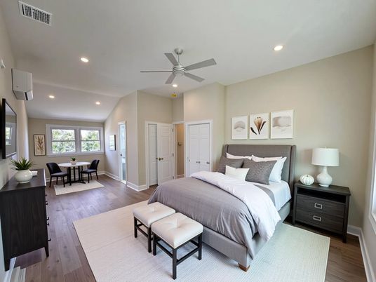 Bedroom, Dining room, Interior, Recessed Lighting, Wood Texture Flooring