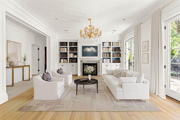 Chandelier, Fireplace, Interior, Living room, Recessed Lighting, Wood Texture Flooring