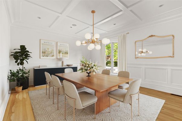 Dining room, Interior, Pendant Lights, Recessed Lighting, Wood Texture Flooring