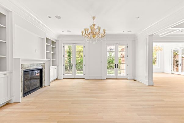 Chandelier, Empty room, Fireplace, Interior, Recessed Lighting, Wood Texture Flooring