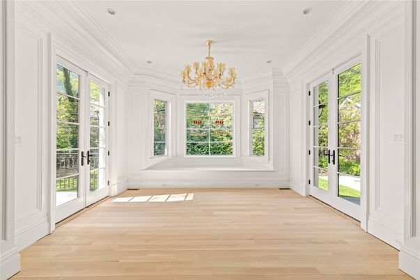 Chandelier, Empty room, Interior, Recessed Lighting, Wood Texture Flooring