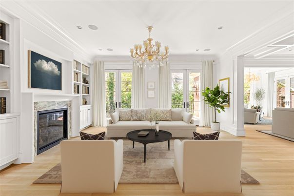 Chandelier, Fireplace, Interior, Living room, Recessed Lighting, Wood Texture Flooring